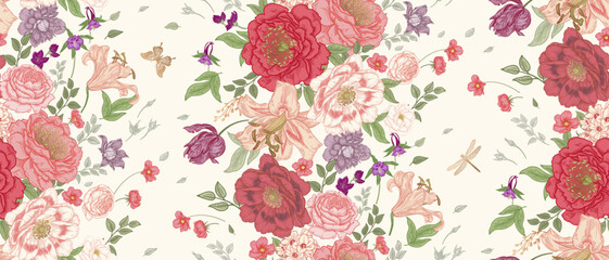 Seamless Floral Pattern. Luxurious Garden Flowers, Butterflies and Dragonflies. Vector. Vintage