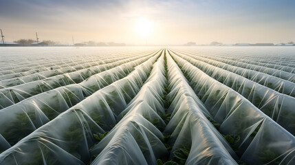 Potato plantation field uses fabric for greenhouse effect protecting young plants from frost. ai generative - obrazy, fototapety, plakaty