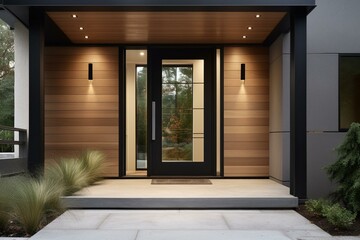 Contemporary house entry door featuring wood accents and elegant black trim. Generative AI