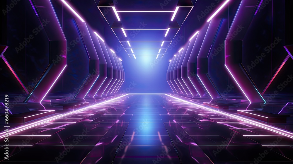 Poster Virtual reality environment featuring a neon lit rectangular tunnel with a UV abstract background laser show and fashion catwalk stage with floor reflections