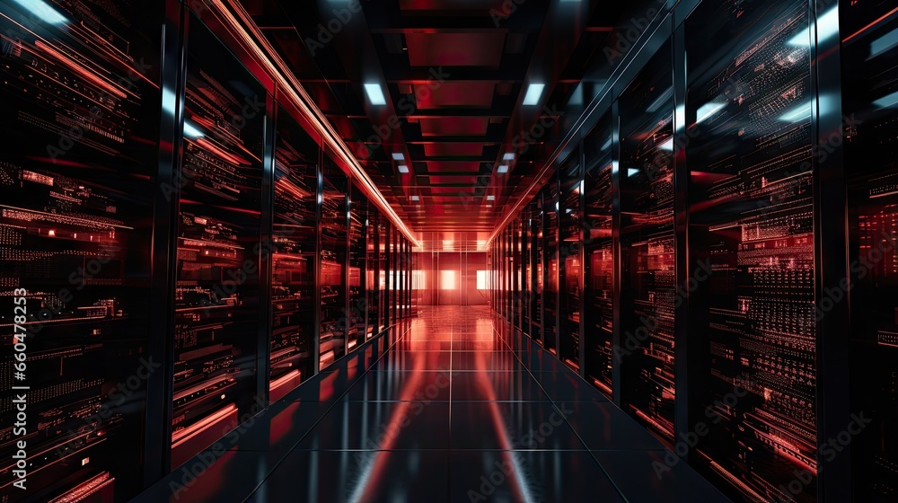 Poster Wide angle view of a functioning data center with rows of server racks blinking emergency LED lights and working computers in dim light