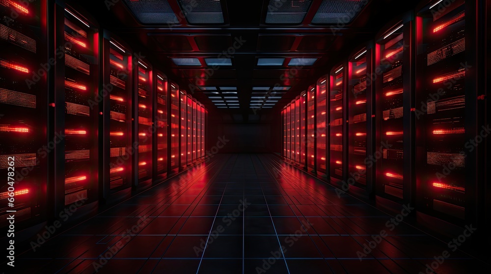 Poster Wide angle view of a functioning data center with rows of server racks blinking emergency LED lights and working computers in dim light