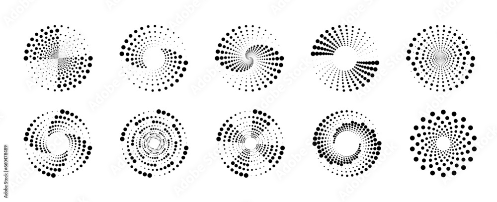Poster Set of abstract circle with dots pattern. Collection of halftone dotted elements. Vector illustration 