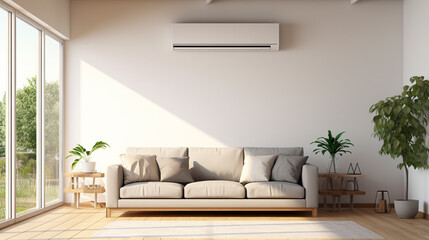 Fototapeta na wymiar Living room interior with air conditioner. Adjusting comfort temperature in home at hot summer, cooling air in the room. ai generative