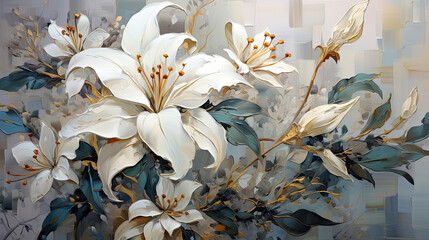 a painting of white flowers with green leaves.   Acrylic Painting of a Ivory color flower, Perfect for Wall Art.