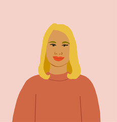 Beautiful portrait of white skin blond woman with red lipstick in beige sweater on pink background. Middle age woman avatar. . Vector illustration