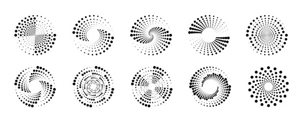 Set of abstract circle with dots pattern. Collection of halftone dotted elements. Vector illustration 