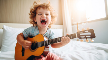 Joyful child playing guitar. ai generative