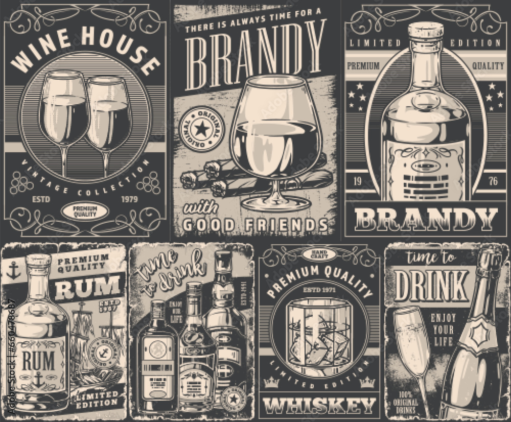 Wall mural alcoholic booze monochrome set poster - Wall murals