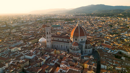 Aerial view of Florence Cathedral (Duomo di Firenze), Cathedral of Saint Mary of the Flower, sunset...