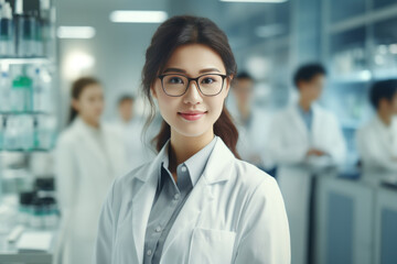 Fototapeta premium A beautiful Asian female scientist stands in a white coat and glasses in a modern medical science laboratory with a team of experts in the background.