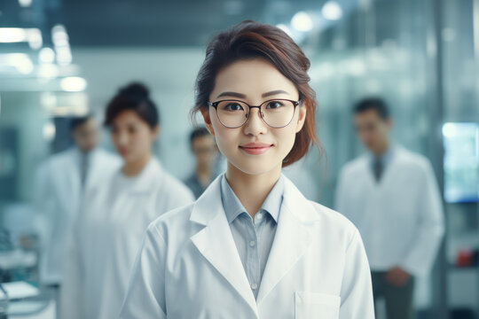 A beautiful Asian female scientist stands in a white coat and glasses in a modern medical science laboratory with a team of experts in the background.