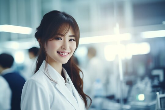 A beautiful Asian female scientist stands in a white coat and glasses in a modern medical science laboratory with a team of experts in the background.