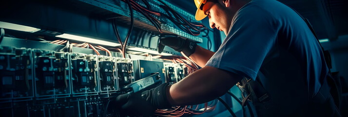 electrician working on a complex electrical panel, ensuring the proper functioning of a power system.