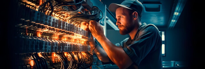 electrician working on a complex electrical panel, ensuring the proper functioning of a power system. - obrazy, fototapety, plakaty