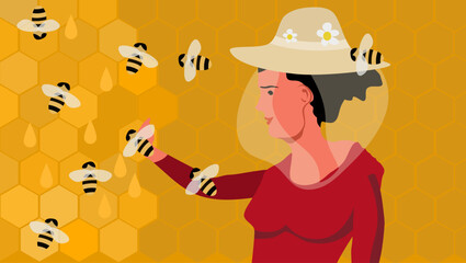 Woman in bee mask with honeycomb, flat vector illustration