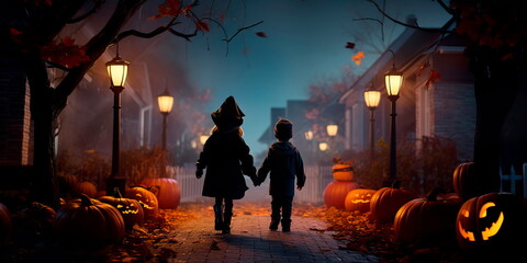 children in various Halloween costumes going door-to-door for treats in a neighborhood