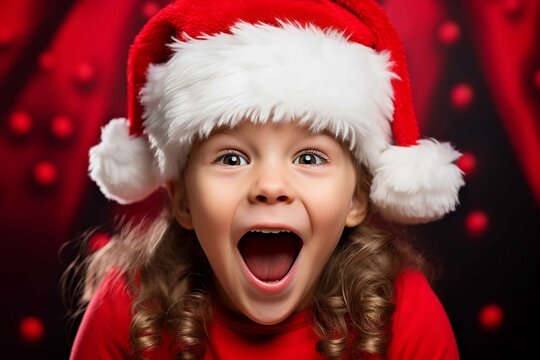 Extreme close up, portrait of super excited little girl in Santa Claus costume, bright red background