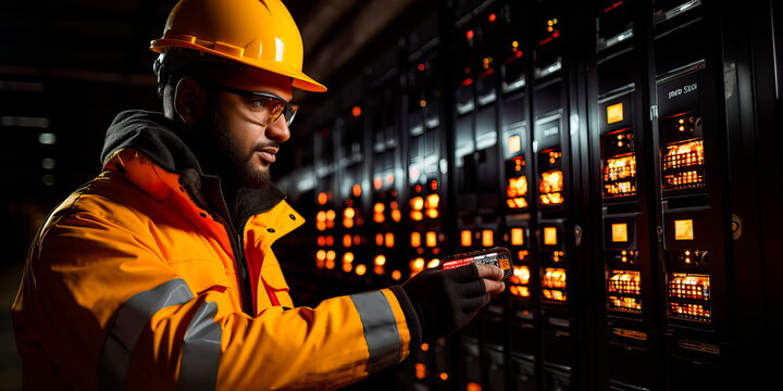 electrician working on a complex electrical panel, ensuring the proper functioning of a power system.