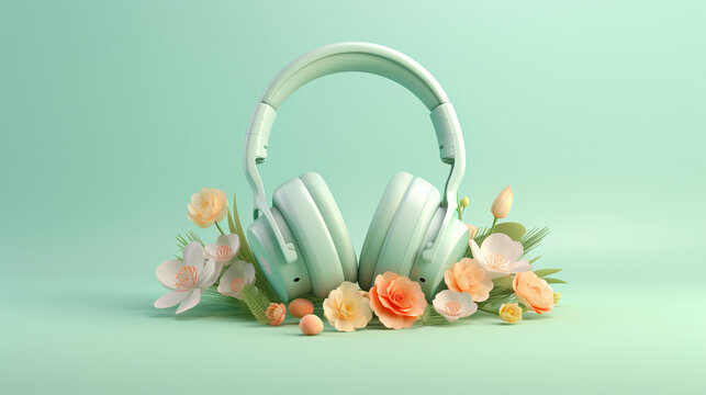 Creative concept of love for music with headphones and spring flowers. ai generative