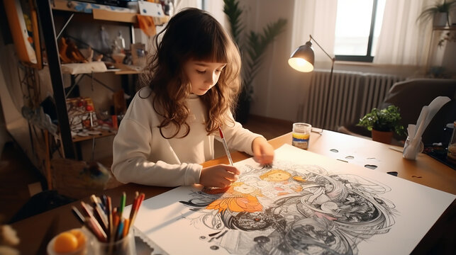 menina desenha imagens fabulosas no papel enquanto está sentada em casa