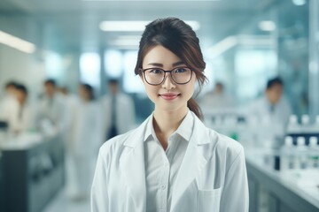 Fototapeta premium A beautiful Asian female scientist stands in a white coat and glasses in a modern medical science laboratory with a team of experts in the background.