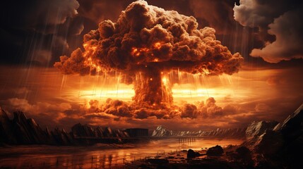 Huge atomic bomb explosion with nuclear mushroom, apocalypse concept