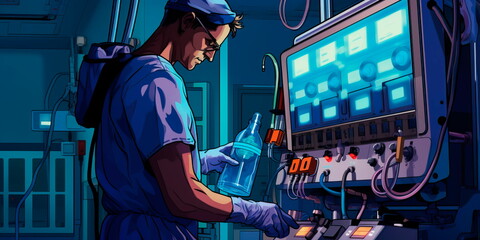 depicting a biomedical engineer calibrating an infusion pump to ensure precise medication delivery.