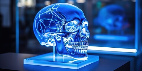 Plastic model of abstract blue Human skull