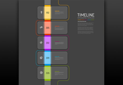 Five opaque dark rounded rectangles vertical timeline process infographic