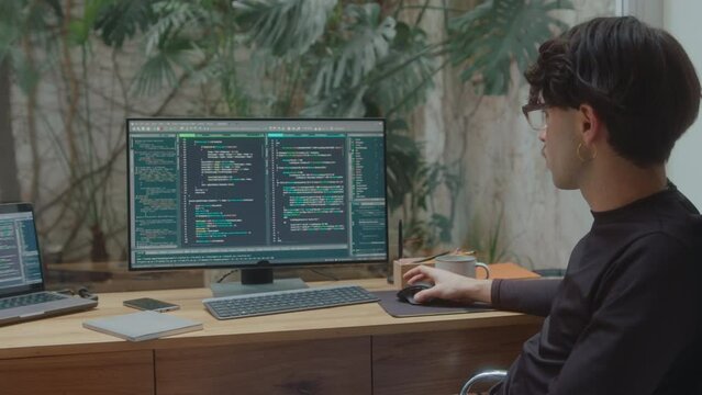 Computer programmer sitting at desk in cozy home office and scrolling through code on PC monitor. Zoom shot, backyard garden viewed through window
