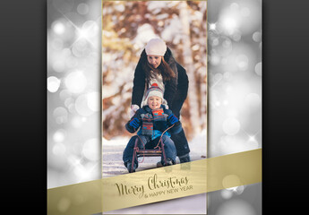 Christmas family photo card layout template with golden ribbon
