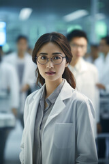 A beautiful Asian female scientist stands in a white coat and glasses in a modern medical science laboratory with a team of experts in the background.