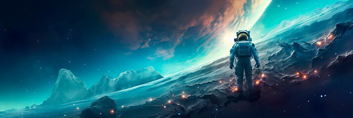 space exploration scene with a gradient background of cosmic colors,