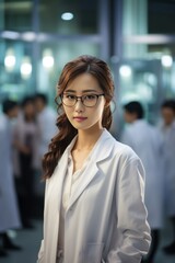 Naklejka premium A beautiful Asian female scientist stands in a white coat and glasses in a modern medical science laboratory with a team of experts in the background.