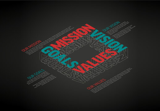 Dark red and teal Company profile statement - mission, vision, values and goals