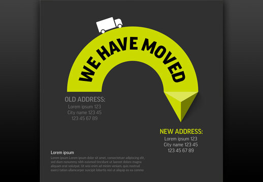We have moved minimalistic dark flyer template with green triangle arrow