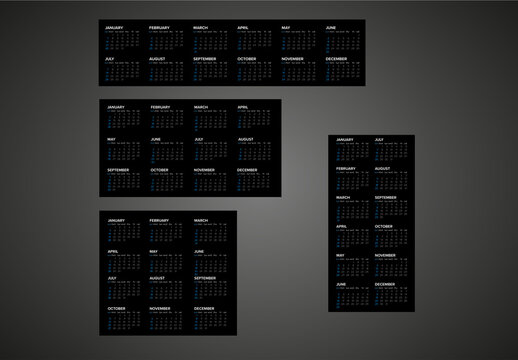 Dark full year calendar templates for the year 2024 (sunday first day) with blue accent