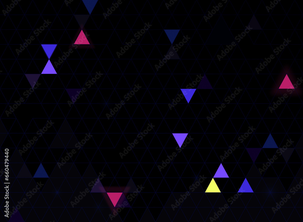 Poster few colorful triangles on background of black triangles with dark blue outlines. abstract and modern