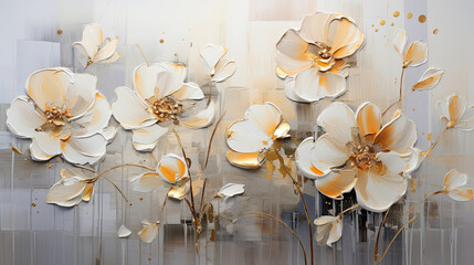 a painting of white flowers on a wall.   Acrylic Painting of a Khaki color flower, Perfect for Wall Art.