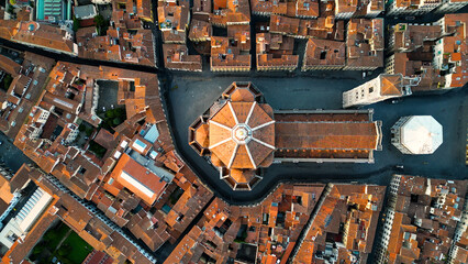 Aerial view of Florence architecture, Cathedral of Saint Mary of the Flower at sunrise, Italy