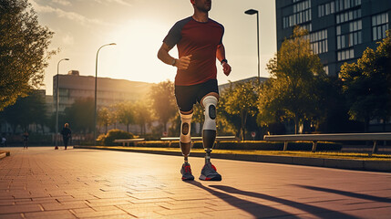 Homem com perna protética andando ao ar livre - Conceito de aptidão e deficiência - obrazy, fototapety, plakaty