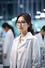 Fototapeta premium A beautiful Asian female scientist stands in a white coat and glasses in a modern medical science laboratory with a team of experts in the background.