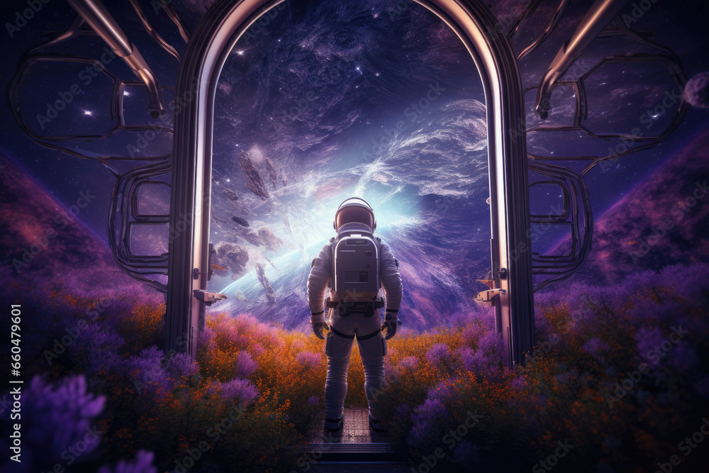 Aufkleber astronaut standing in front of gate looking into space