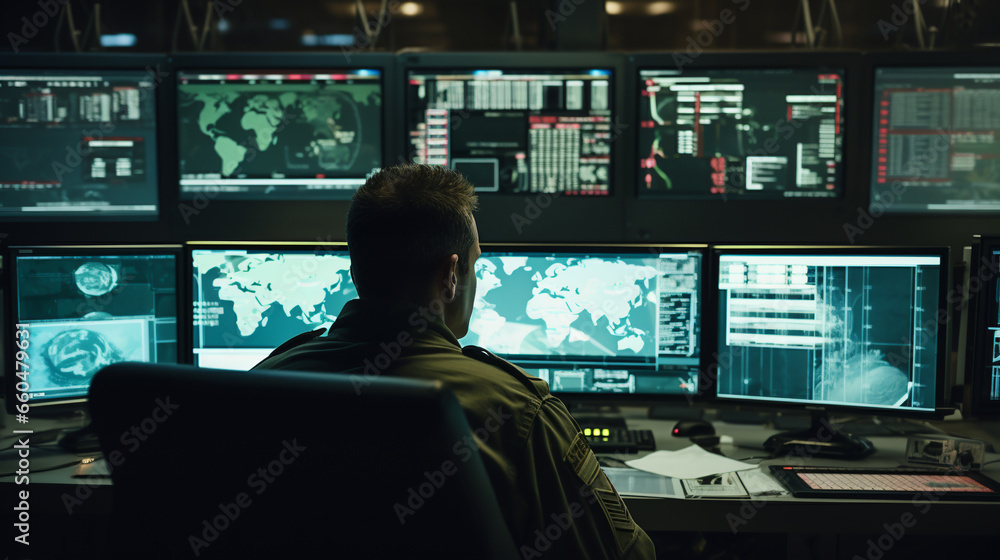 Poster an officer sits in a military command center and monitors data on computer monitors. ai generative