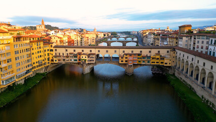 Florence, aerial view of Ponte Vecchio and Arno river, Italy