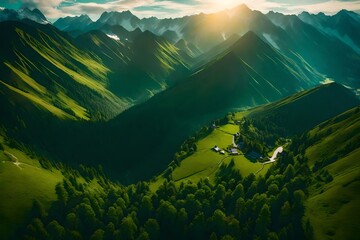 Generate an aerial view of a lush, green valley surrounded by majestic snow-capped mountains - obrazy, fototapety, plakaty