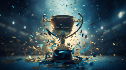 A winners trophy with celebration confetti and glitter in a sports stadium. Winning team concept. ai generative