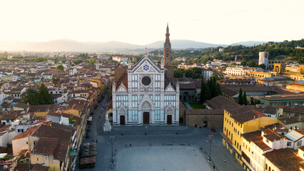 Establishing Aerial View Shot of Florence city skyline Basilica of Santa Croce in Florence and Piazza di Santa Croce, Tuscany, Italy