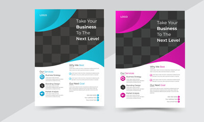 Corporate business flyer template design, space for photo background, a bundle of 2 templates of different colors a4 size.